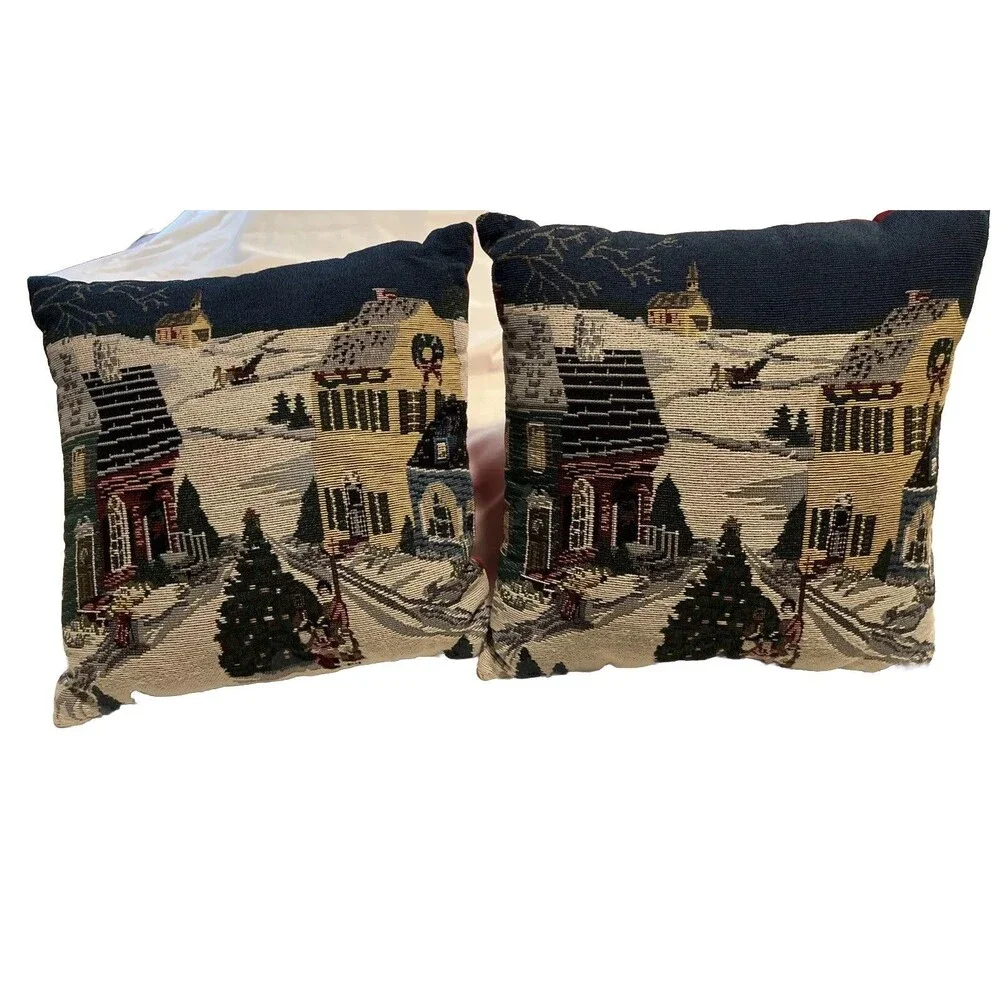 Small Town Christmas  Tapestry Square Throw Pillows 12x12”x4” (2) Vintage